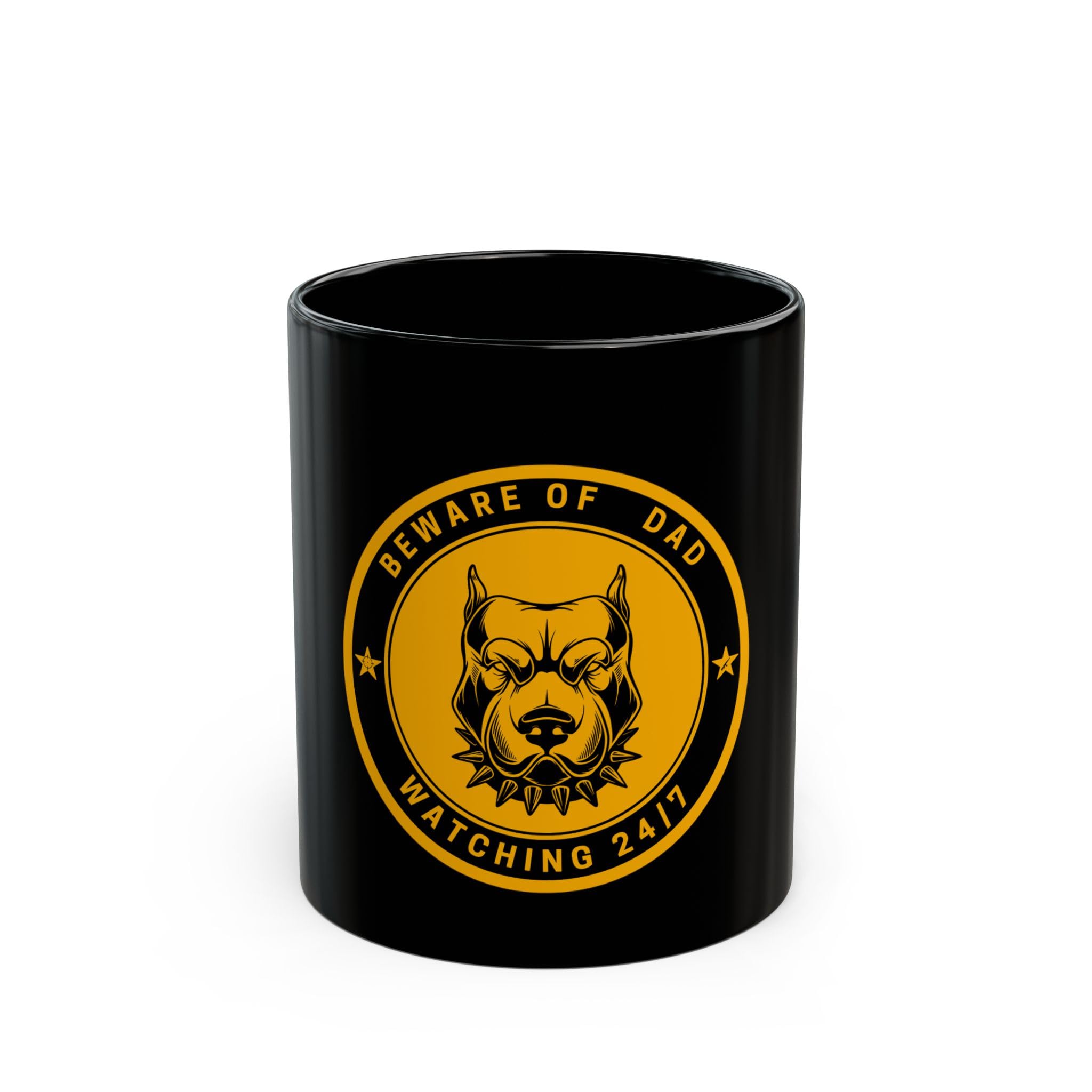 Beware of Dad Watching 24/7 Mug | Black Ceramic Coffee Cup