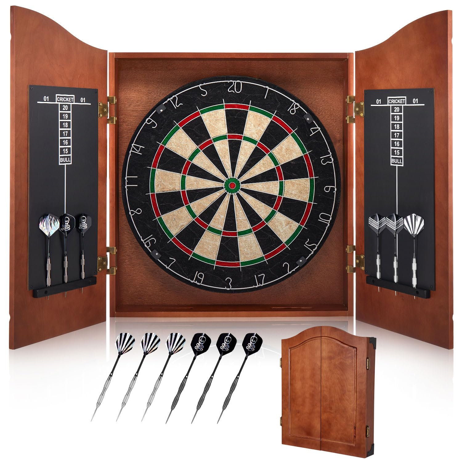 Yirinatek Sisal Dart Board Cabinet Sets, Decorative Dart Boards for Adults [6*Steel Darts] - Wooden Dartboard Cabinet with Integrated Scoreboard for Family Game Rooms