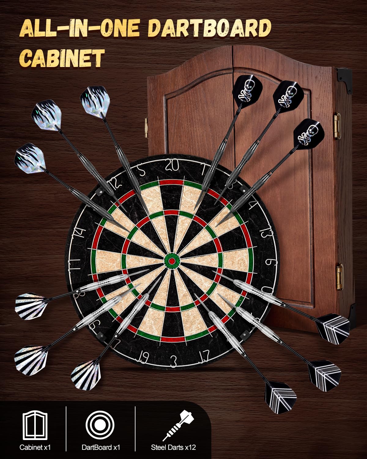Yirinatek Sisal Dart Board Cabinet Sets, Decorative Dart Boards for Adults [6*Steel Darts] - Wooden Dartboard Cabinet with Integrated Scoreboard for Family Game Rooms (Coffee)