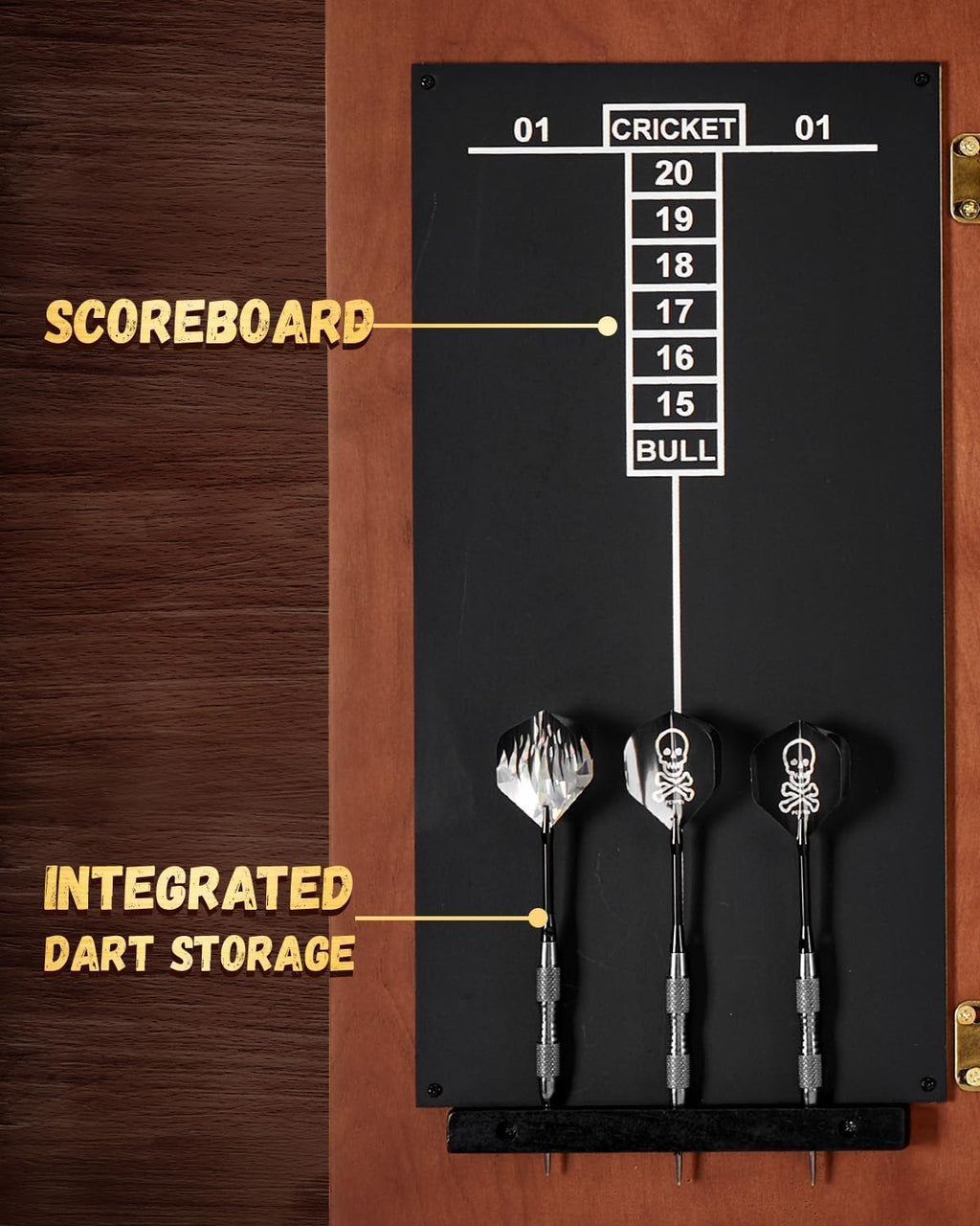 Dartboard Cabinet Set with 6 Steel Tip Darts, Paper Fibre Dartboard, Chalk & Eraser (21.5 x 21.5 x 4) - Mancave, Home bar, Games Room or Garage wall.