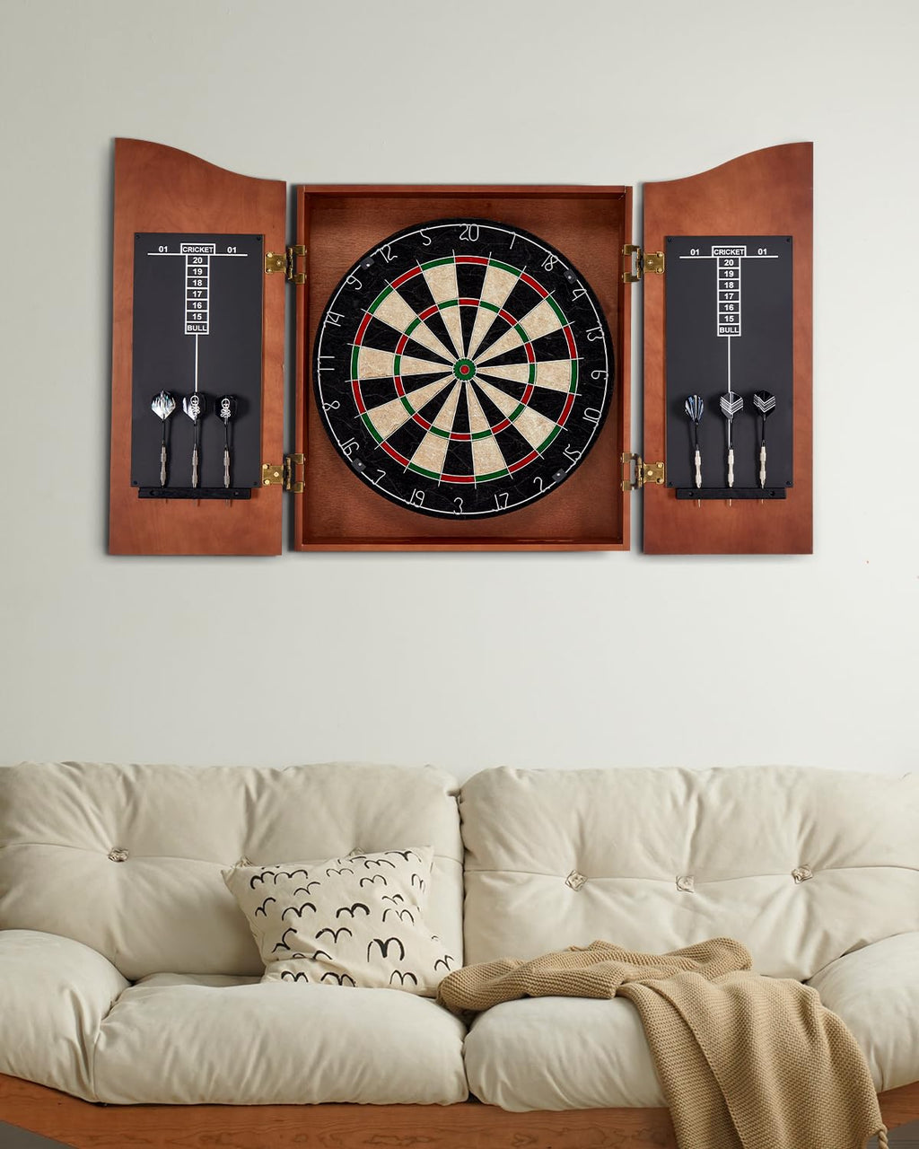 Yirinatek Sisal Dart Board Cabinet Sets, Decorative Dart Boards for Adults [6*Steel Darts] - Wooden Dartboard Cabinet with Integrated Scoreboard for Family Game Rooms