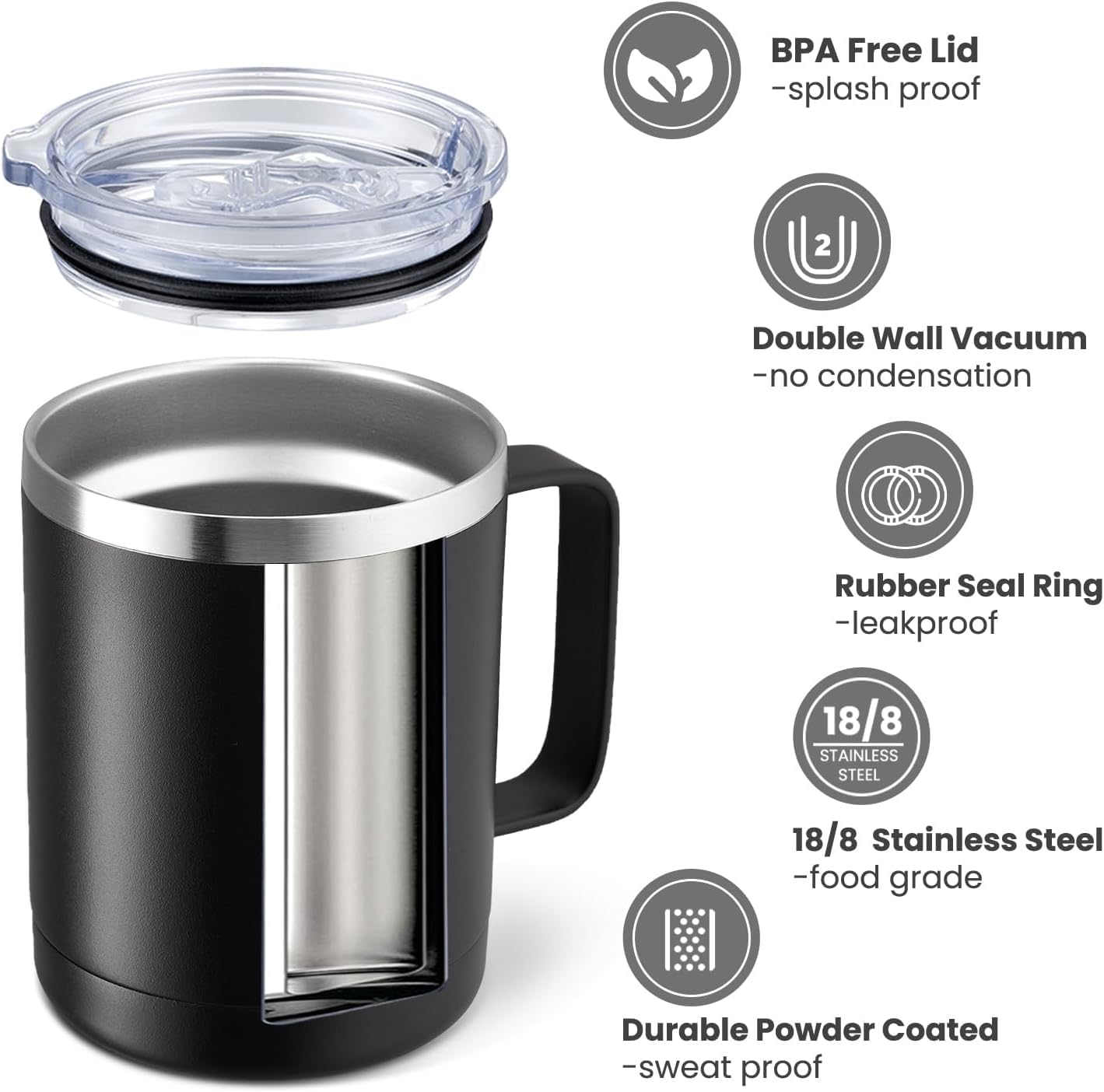 12oz Coffee Mug With Handle 2 Pack Bulk,Stainless Steel Insulated Travel Tumblers With Sliding Lid,Double Wall Vacuum Camping Cup for Hot & Cold Drinks Tea (Black,Set of 2)