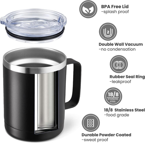 12oz Coffee Mug With Handle 2 Pack Bulk,Stainless Steel Insulated Travel Tumblers With Sliding Lid,Double Wall Vacuum Camping Cup for Hot & Cold Drinks Tea (Black,Set of 2)