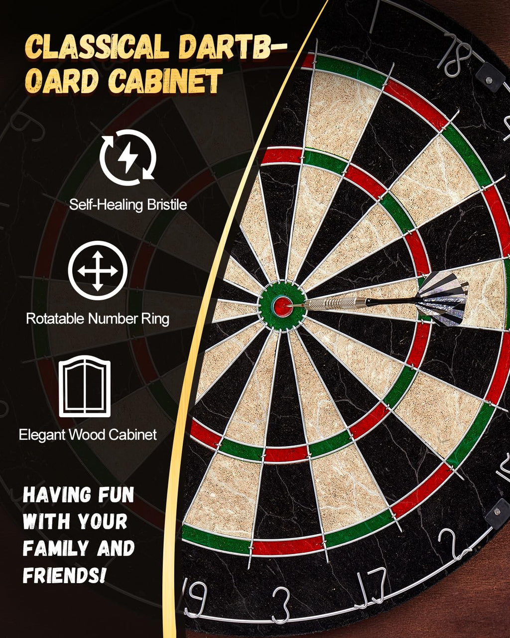 Yirinatek Sisal Dart Board Cabinet Sets, Decorative Dart Boards for Adults [6*Steel Darts] - Wooden Dartboard Cabinet with Integrated Scoreboard for Family Game Rooms (Coffee)