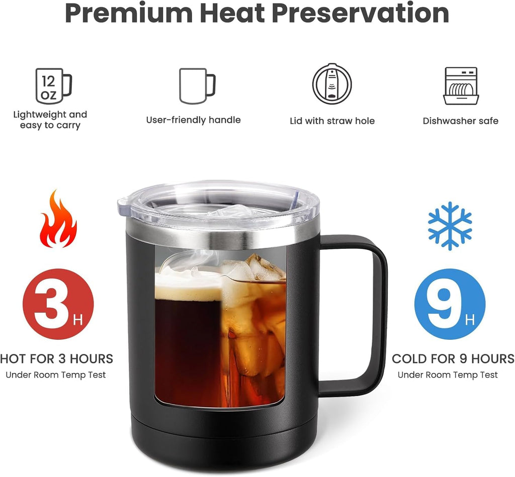 12oz Coffee Mug With Handle 2 Pack Bulk,Stainless Steel Insulated Travel Tumblers With Sliding Lid,Double Wall Vacuum Camping Cup for Hot & Cold Drinks Tea (Black,Set of 2)