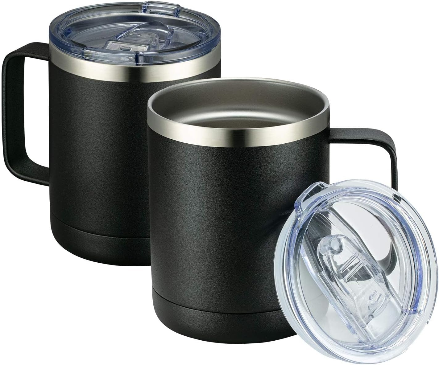 12oz Coffee Mug With Handle 2 Pack Bulk,Stainless Steel Insulated Travel Tumblers With Sliding Lid,Double Wall Vacuum Camping Cup for Hot & Cold Drinks Tea (Black,Set of 2)