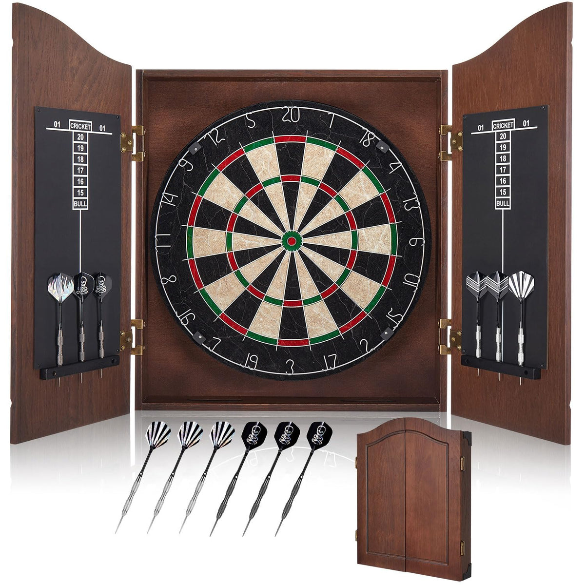 Yirinatek Sisal Dart Board Cabinet Sets, Decorative Dart Boards for Adults [6*Steel Darts] - Wooden Dartboard Cabinet with Integrated Scoreboard for Family Game Rooms (Coffee)