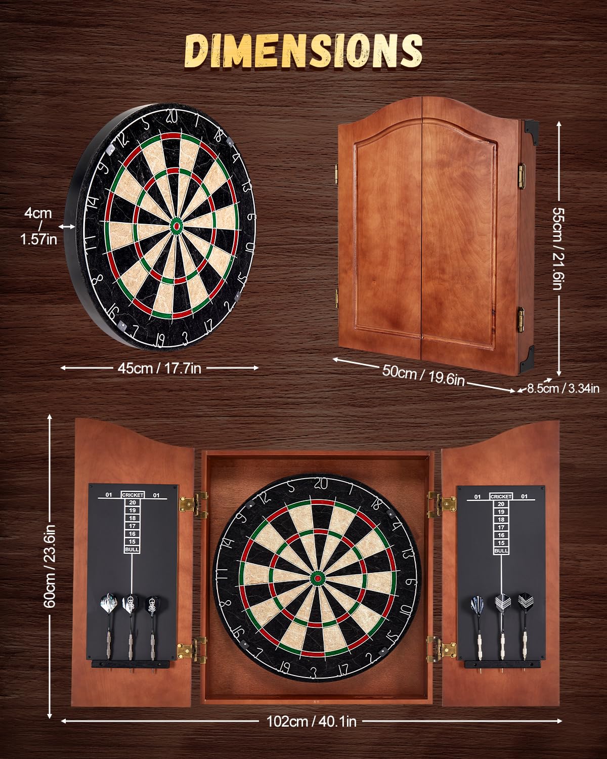 Yirinatek Sisal Dart Board Cabinet Sets, Decorative Dart Boards for Adults [6*Steel Darts] - Wooden Dartboard Cabinet with Integrated Scoreboard for Family Game Rooms