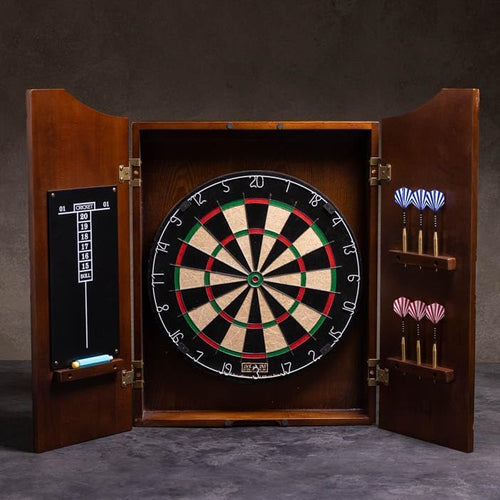 Dartboard Cabinet Set with 6 Steel Tip Darts, Paper Fibre Dartboard, Chalk & Eraser (21.5 x 21.5 x 4) - Mancave, Home bar, Games Room or Garage wall.