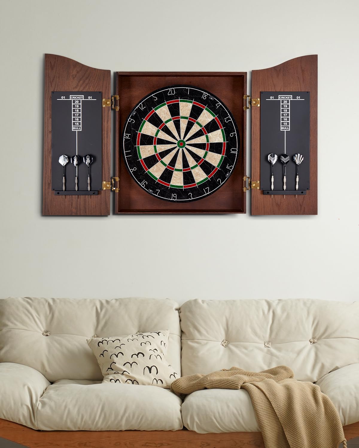 Yirinatek Sisal Dart Board Cabinet Sets, Decorative Dart Boards for Adults [6*Steel Darts] - Wooden Dartboard Cabinet with Integrated Scoreboard for Family Game Rooms (Coffee)