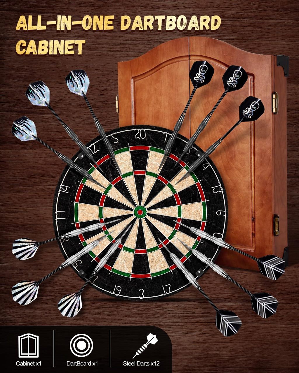 Yirinatek Sisal Dart Board Cabinet Sets, Decorative Dart Boards for Adults [6*Steel Darts] - Wooden Dartboard Cabinet with Integrated Scoreboard for Family Game Rooms