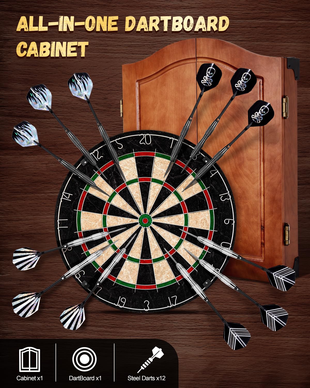 Yirinatek Sisal Dart Board Cabinet Sets, Decorative Dart Boards for Adults [6*Steel Darts] - Wooden Dartboard Cabinet with Integrated Scoreboard for Family Game Rooms