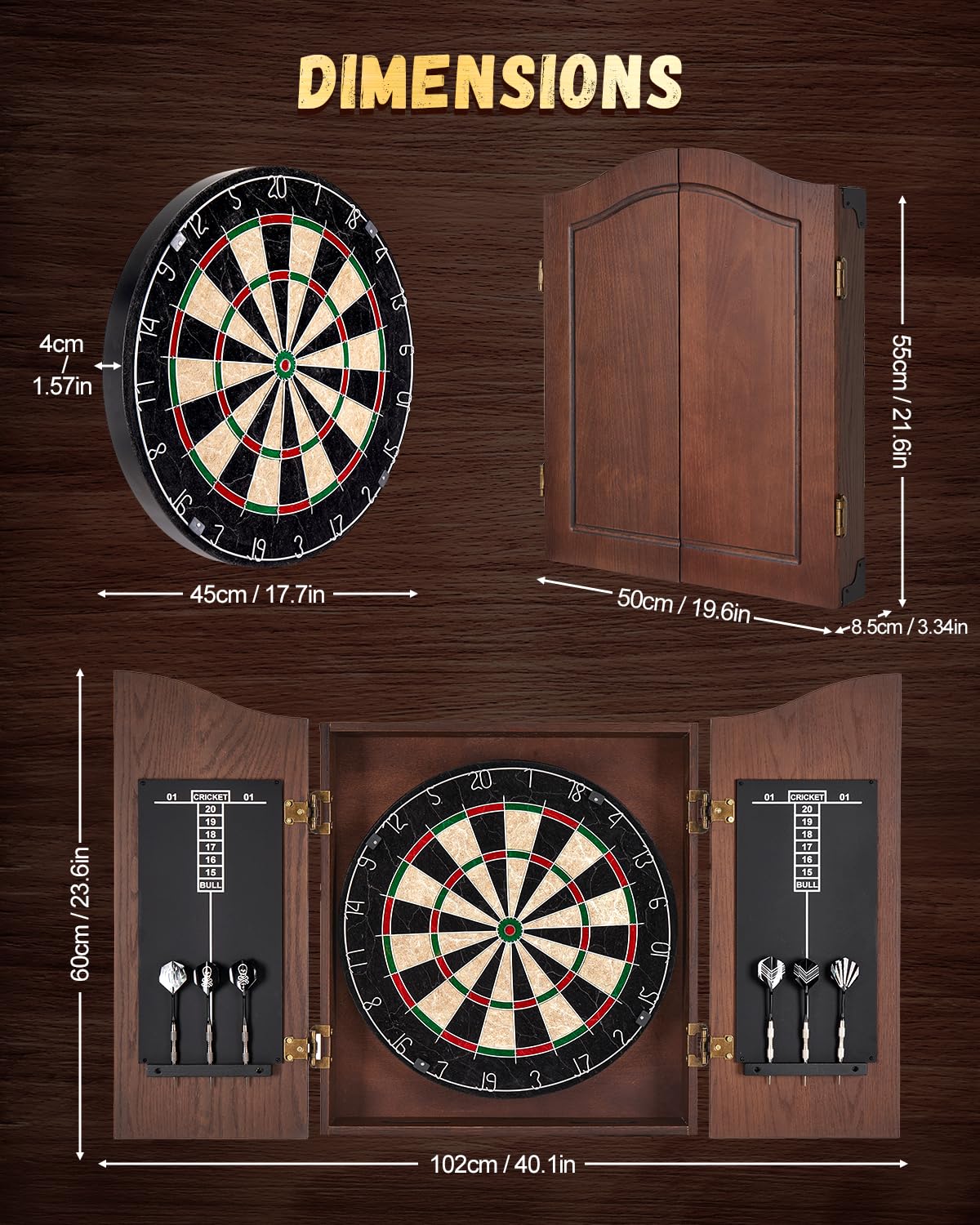 Yirinatek Sisal Dart Board Cabinet Sets, Decorative Dart Boards for Adults [6*Steel Darts] - Wooden Dartboard Cabinet with Integrated Scoreboard for Family Game Rooms (Coffee)