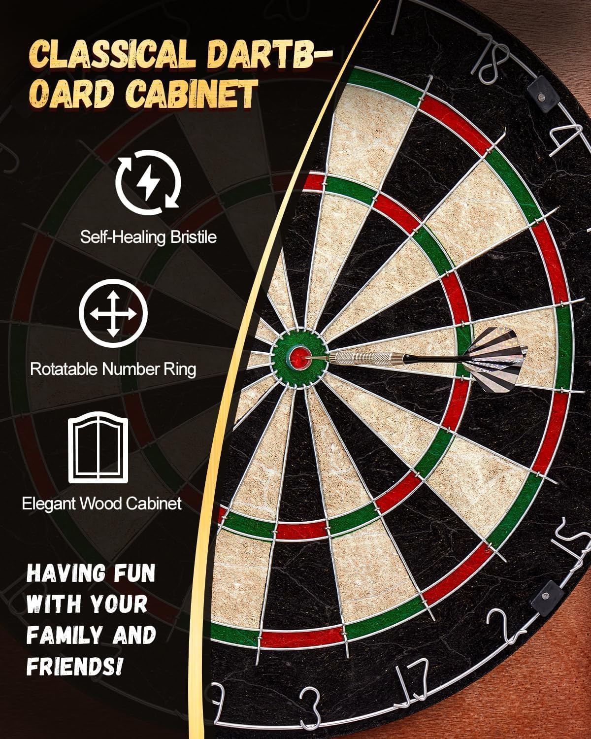 Dartboard Cabinet Set with 6 Steel Tip Darts, Paper Fibre Dartboard, Chalk & Eraser (21.5 x 21.5 x 4) - Mancave, Home bar, Games Room or Garage wall.